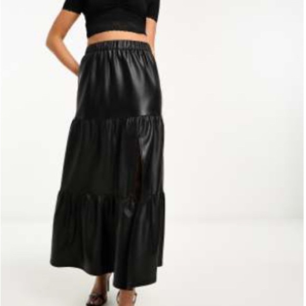 Tiered Faux Leather Maxi Skirt